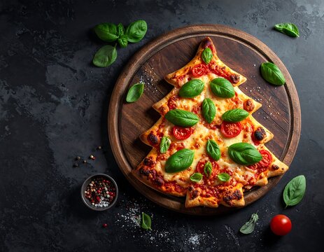Festive pizza shaped like a Christmas tree, on a wooden board. Fresh basil, tomatoes, and peppercorns decorate the dark, textured surface - Powered by Adobe