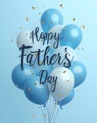 Happy fathers day message with blue and white balloons and confetti