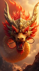 Golden chinese dragon head with red mane and horns in a cloudy sky