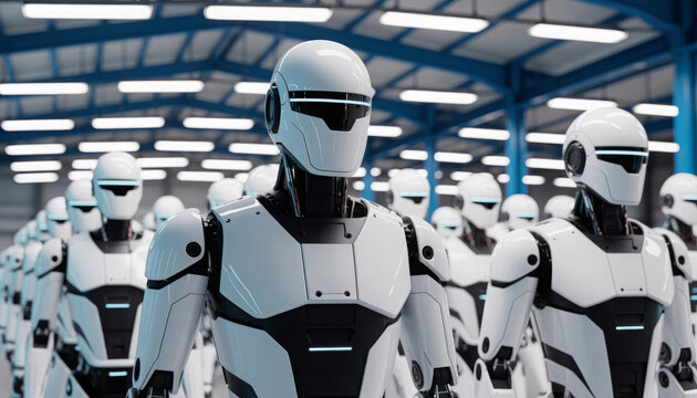 white androids with blue accents standing in formation in a large warehouse
