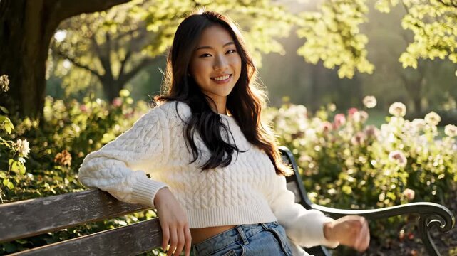 Portrait of a Beautiful Asian Woman Relaxing on a Park Bench, Smiling Joyfully in the Golden Hour Sunlight