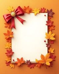 Autumn leaves frame a blank white card with a red bow on orange background