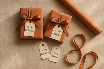 Gift wrapping for Valentine&rsquo;s Day with brown paper and tags
