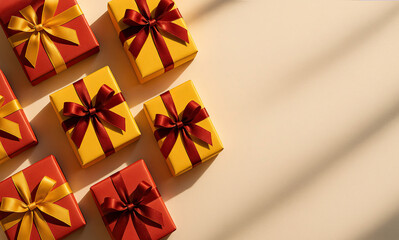 Diagonal layout of red and yellow gift boxes with satin bows