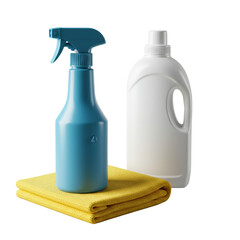 Photorealistic studio shot of sleek matte blue spray bottle, white detergent bottle, and yellow microfibre cloth with water droplet on transparent, high-end cleaning product concept