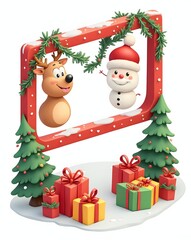 Festive christmas scene with snowman, reindeer and gifts isolated on white background