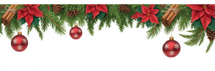 Fototapeta premium Christmas garland, frame of fir branches, poinsettia, Christmas tree decorations 