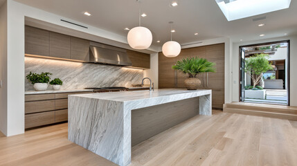 Modern kitchen with marble island and pendant lights contemporary home interior design elegant atmosphere aesthetic view