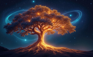 Glowing celestial tree with radiant roots and cosmic rings energy