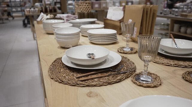 Tabletop display with elegant dinnerware and glasses in store