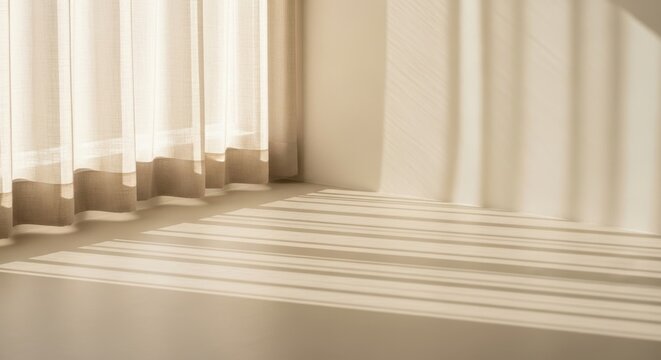 Minimalist beige interior with soft light and shadows from window curtains - Powered by Adobe
