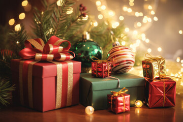 Christmas presents with red and green wrapping festive holiday gifts under a Christmas tree with bokeh lights in the background