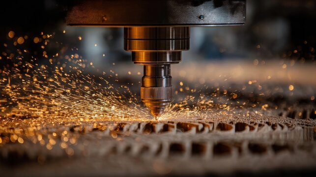 Close up of a cnc milling machine cutting a piece of wood with sparks