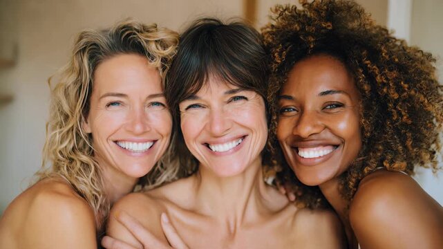 Three joyful women of diverse backgrounds hug and laugh in soft daylight, authentic natural beauty and confident smiles; uplifting lifestyle footage promoting friendship, inclusivity