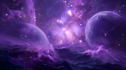Two large purple celestial bodies loom over a turbulent alien landscape under a dense star field