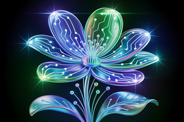 3D Digital Flower Symbolizing the Fusion of Nature and Technology Innovation,eco-friendly technology,Technology organic nature design,flower symbolizing connection between AI and nature,Ai