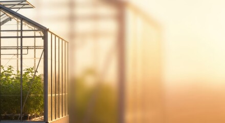 Illuminated Greenhouse Structure with Cultivated Plants and Blurring Background