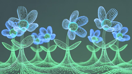 3D Digital Flower Symbolizing the Fusion of Nature and Technology Innovation,eco-friendly technology,Technology organic nature design,flower symbolizing connection between AI and nature,Ai