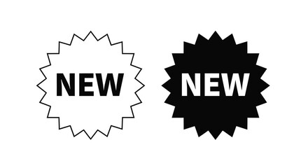 A set of black and white starburst sticker icons with the word 'New' inside for promotion