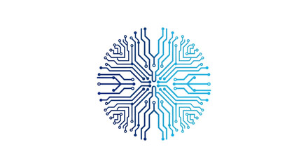 A circular circuit board pattern resembling a human brain, symbolizing technology and artificial intelligence.