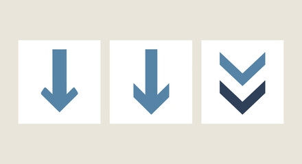 Three downward pointing arrow icons in blue tones on a beige background.