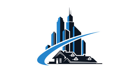 A stylized logo featuring a house in front of a city skyline with a swoosh.