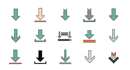 A collection of various download icons in different styles and colors, representing digital data transfer.