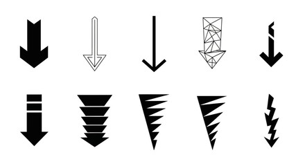 Collection of ten different downward-pointing arrow icons, each with a unique design and style.