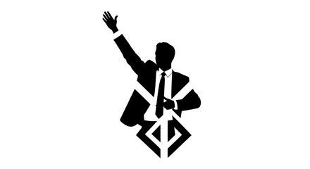 Silhouette of a man in a suit raising his arm, with a stylized symbol below.