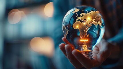 A hand holding a lightbulb with a glowing world map symbolizing global ideas and innovation
