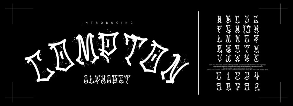 Compton font. Teenage Riot Gangsta Alphabet for football fans, hooligans and rappers. Bold white letters. American Cuba Loco Bronx and Loco style