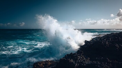 Powerful ocean wave crashes with great force against dark, jagged coastal rocks under a bright sky