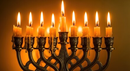 Illuminated Hanukkah Menorah with Nine Candles Celebrating Festival of Lights