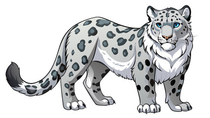 Obraz premium A majestic snow leopard with piercing blue eyes stands alert, its thick, spotted fur blending with a snowy mountain landscape, a powerful predator in its natural habitat
