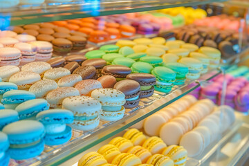 Fototapeta premium Close-up view of colorful macarons on display in a bakery,