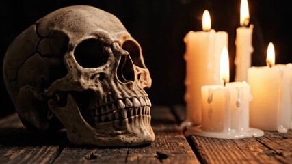 Skull and Candles Still Life - A human skull sits on a dark wooden surface, illuminated by the flickering light of several white candles. - Powered by Adobe
