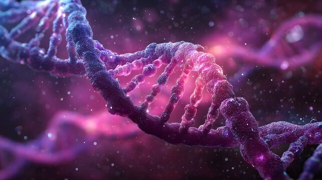 Illuminated double helix structure glows with vibrant purple and pink light against a dark, abstract background - Powered by Adobe