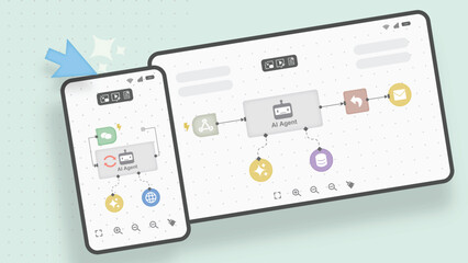 AI workflow automation interface with nodes and triggers displayed on smartphone and tablet screens. Concept of intelligent assistant interaction, mobile UI, and process visualization. Vector 