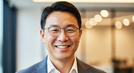 Confident Asian Businessman in Modern Office Setting Smiling Brightly
