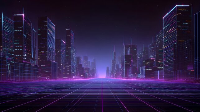 Illuminated metropolitan skyscrapers tower over a neon glowing wireframe horizon stretching into the distance