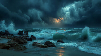 rough ocean wave crashing rock water shore with lightning glow light in the cloudy sky