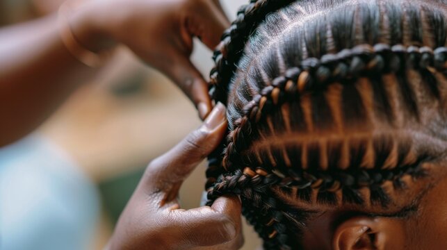 Close-up of a person braiding hair. The hands are focused on intricate cornrow patterns. The hair is dark and textured, showcasing a traditional hairstyle.