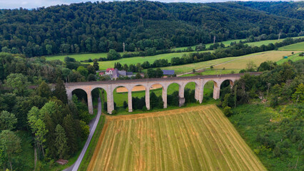 Aerial droe view of the huge stone Kleiner Viaduct, North Rhine Westphalia, Germany, July 15, 2024