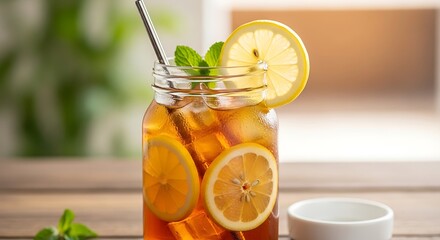 Fototapeta premium Refreshing Iced Tea with Lemon Slices and Mint in a Mason Jar.