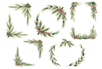 Christmas fir branches frame set. Xmas border for holiday greeting card and invitation. Watercolour Illustration.. Hand painted winter plants.
