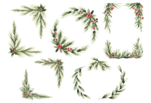 Christmas fir branches frame set. Xmas border for holiday greeting card and invitation. Watercolour Illustration.. Hand painted winter plants.
