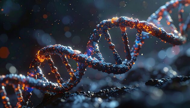 Abstract 3D DNA Helix Structure Glowing with Life and Science Data Particles - Powered by Adobe