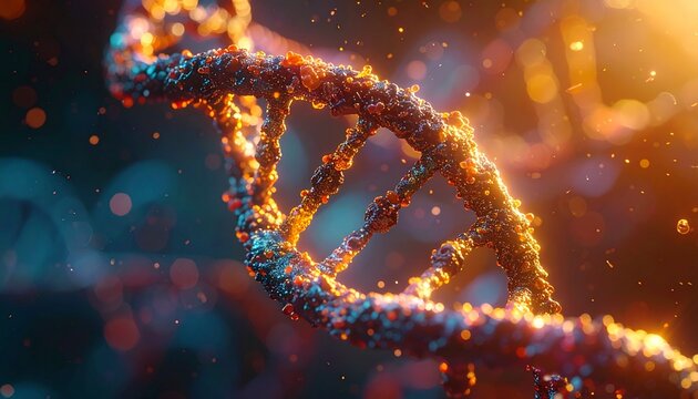 Abstract 3D Rendering of a DNA Double Helix with Glowing Particles and Bokeh Lights Genetic Science and Biotechnology Concept