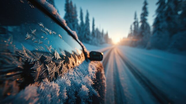 Close-up of frosty car window during winter sunrise on snowy road - Powered by Adobe