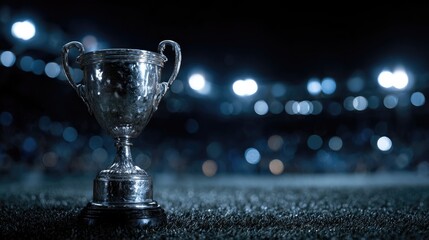Silver trophy cup on football field under stadium lights at night